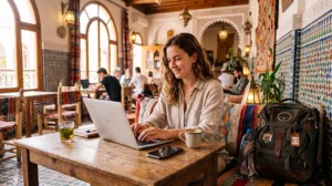 Digital nomad using mobile internet while working remotely in Morocco