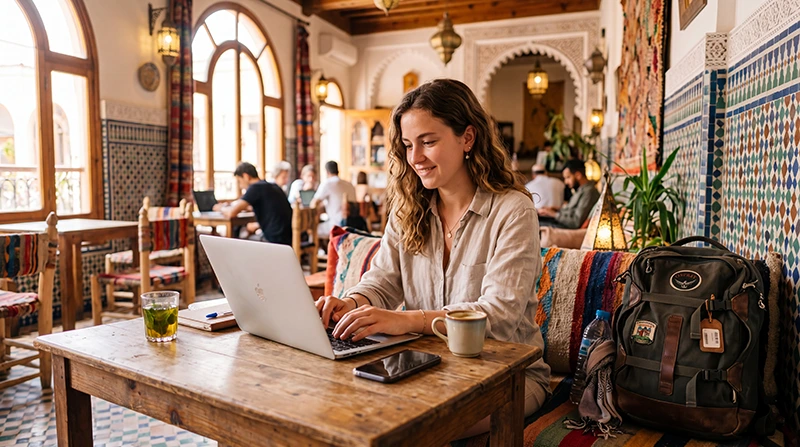 Digital nomad using mobile internet while working remotely in Morocco