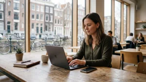 Digital nomad using mobile internet while working remotely in the Netherlands