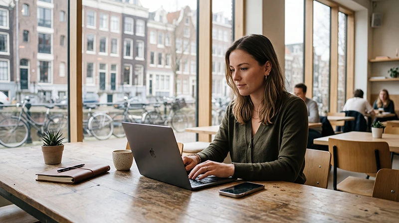 Digital nomad using mobile internet while working remotely in the Netherlands