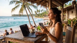 Digital nomad using mobile internet while working remotely in Sri Lanka