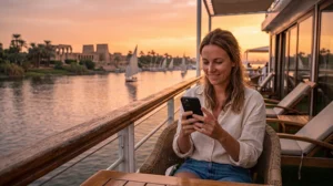 Tourist using mobile internet on a Nile cruise in Egypt