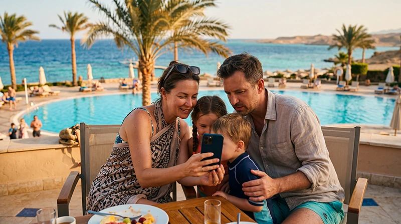 Family using mobile internet during a vacation in Egypt