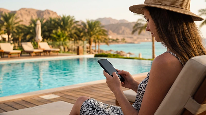 Tourist using mobile internet during a vacation in Egypt