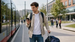 Erasmus student using mobile internet in a Polish university district.