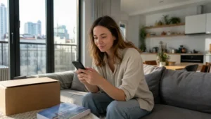 New resident using a smartphone while settling into an apartment in Poland.