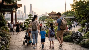 Family using mobile internet during a vacation in China