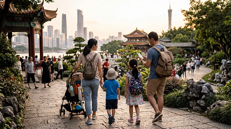 Family using mobile internet during a vacation in China