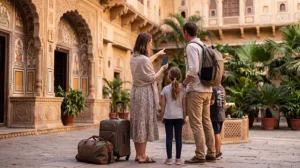 Family using an India eSIM and mobile internet during a vacation in India