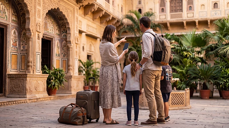 Family using an India eSIM and mobile internet during a vacation in India