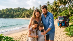 Family using mobile internet while travelling together in Sri Lanka