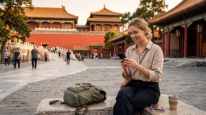 Tourist using mobile internet while visiting the Forbidden City