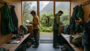 Travellers preparing mobile internet, offline maps and rain gear near Franz Josef Glacier in New Zealand