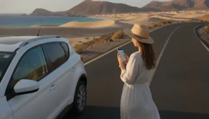 Traveller using smartphone internet during a Fuerteventura road trip near desert coastline