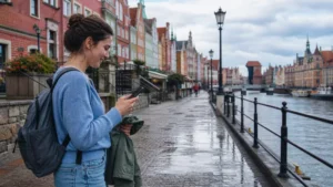 Traveller using a smartphone during a Gdańsk city break.