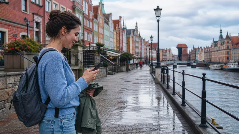 Traveller using a smartphone during a Gdańsk city break.