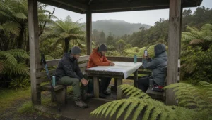 Hikers preparing offline maps and mobile internet before walking a remote trail in New Zealand