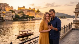 Honeymoon couple using an India eSIM while travelling in India