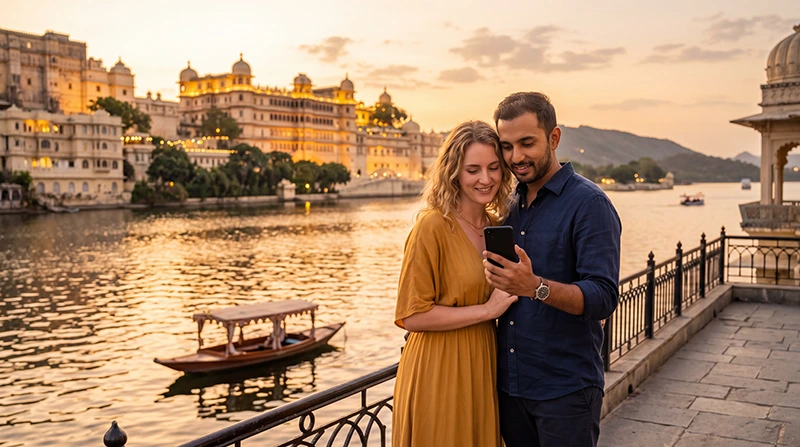 Honeymoon couple using an India eSIM while travelling in India