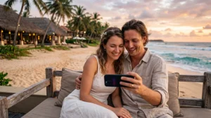 Honeymoon couple using mobile internet during a romantic trip to Sri Lanka