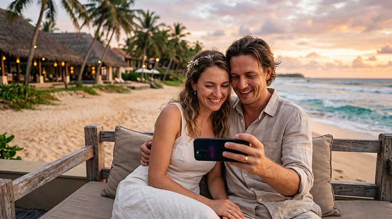 Honeymoon couple using mobile internet during a romantic trip to Sri Lanka