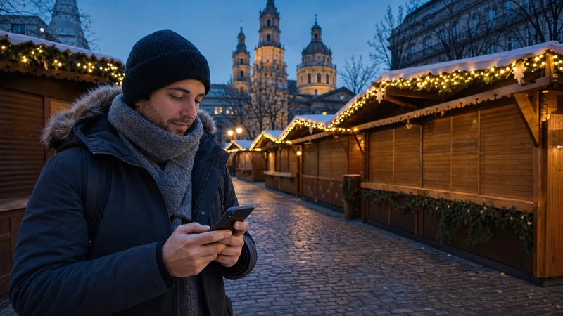 Traveller using a smartphone at a festive Christmas market in Hungary