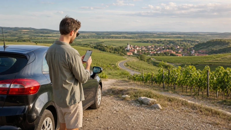 Traveller using a smartphone for navigation during a road trip through Hungary