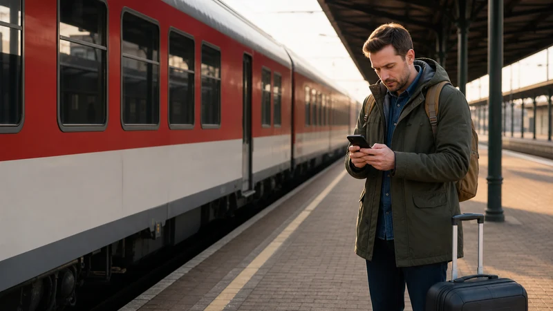 Traveller checking train tickets on a smartphone at a railway station in Hungary