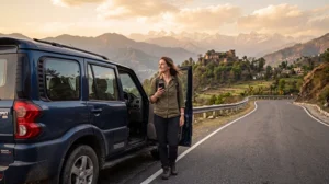 Traveler using an India eSIM for navigation during a road trip across India