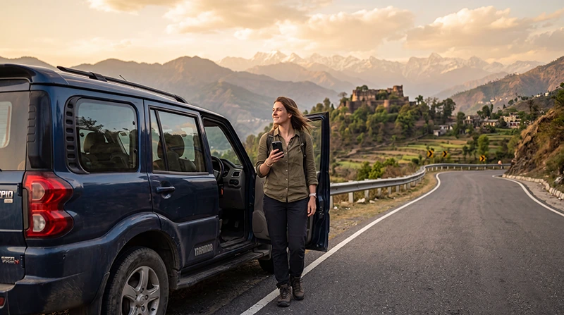 Traveler using an India eSIM for navigation during a road trip across India