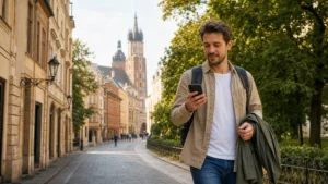Traveller checking a smartphone during a Kraków city break.