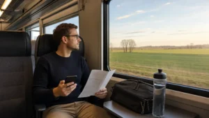 Passenger using a smartphone on a Kraków to Gdańsk train journey.