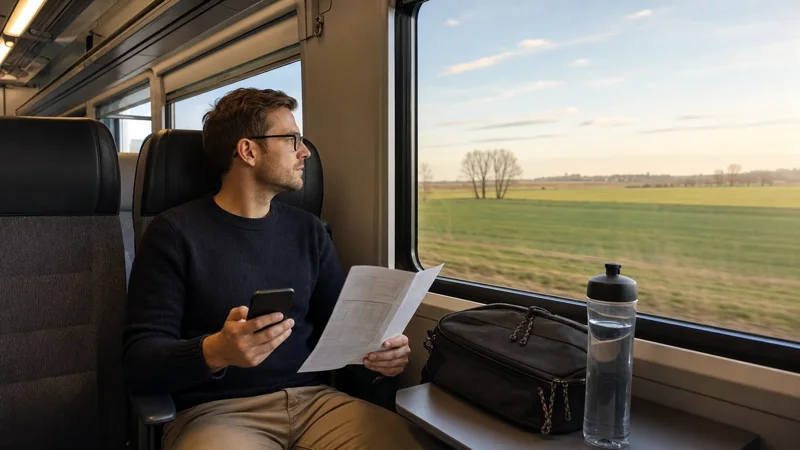 Passenger using a smartphone on a Kraków to Gdańsk train journey.