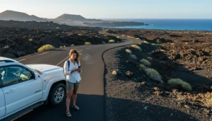 Traveller using smartphone internet during a Lanzarote road trip through volcanic landscape
