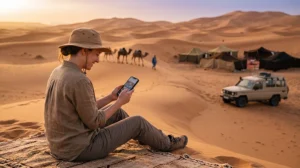 Tourist using mobile internet during a Merzouga desert tour in Morocco
