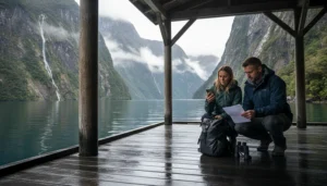 Travellers using mobile internet before a boat trip at Milford Sound in New Zealand
