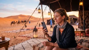 Tourist using mobile internet at a Morocco desert camp