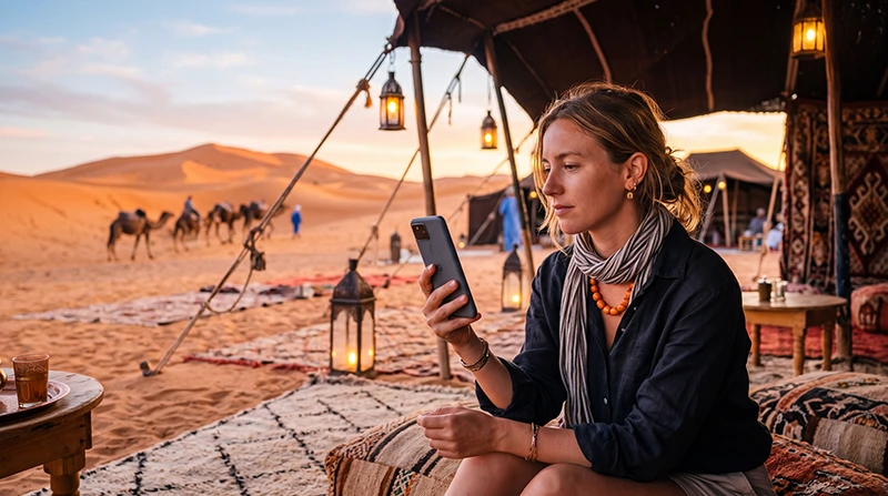 Tourist using mobile internet at a Morocco desert camp