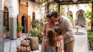 Family using mobile internet during a Morocco vacation