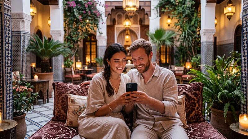 Honeymoon couple using mobile internet during a Morocco vacation