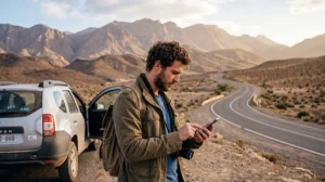 Tourist using mobile internet during a Morocco road trip