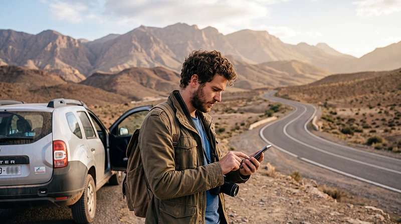 Tourist using mobile internet during a Morocco road trip