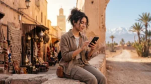 Tourist using mobile internet during a vacation in Morocco