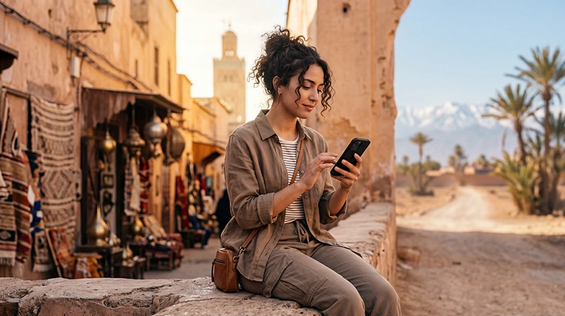 Tourist using mobile internet during a vacation in Morocco