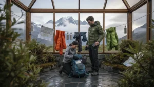 Travellers preparing mobile internet, offline maps and hiking equipment near Aoraki Mount Cook in New Zealand