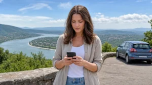 Road traveller following smartphone navigation on a journey through Hungary