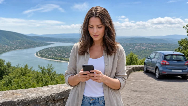 Road traveller following smartphone navigation on a journey through Hungary