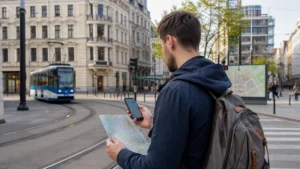Traveller checking a route on a smartphone beside a Polish city map.