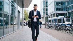 Business traveller using mobile internet during a work trip to the Netherlands