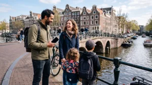 Family using mobile internet while travelling together in the Netherlands